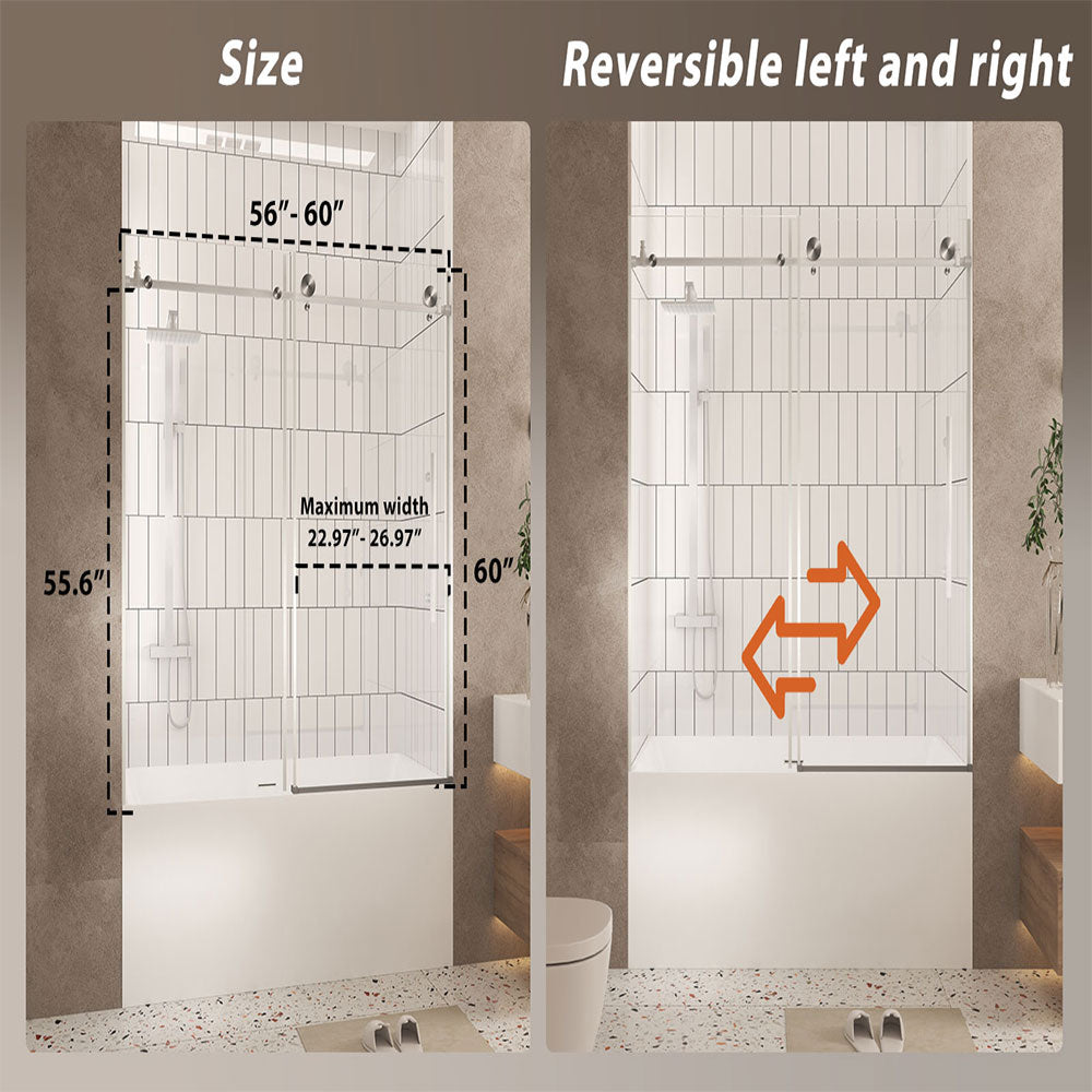 Brushed Nickel 56-in to 60-in W x 60-in H Frameless Clear Glass Bypass Sliding Bathtub door