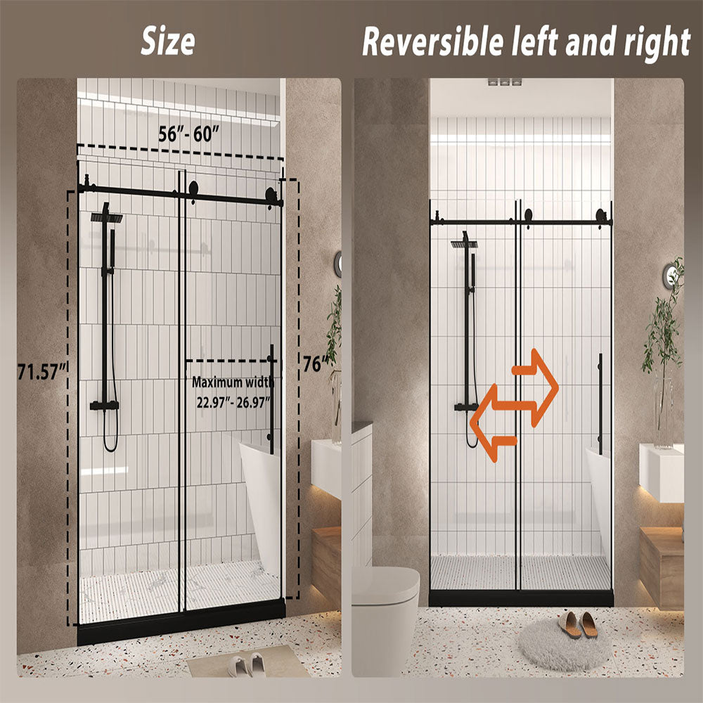 Matte Black 56-in to 60-in W x 76-in H Frameless Clear Glass Bypass Sliding Shower door