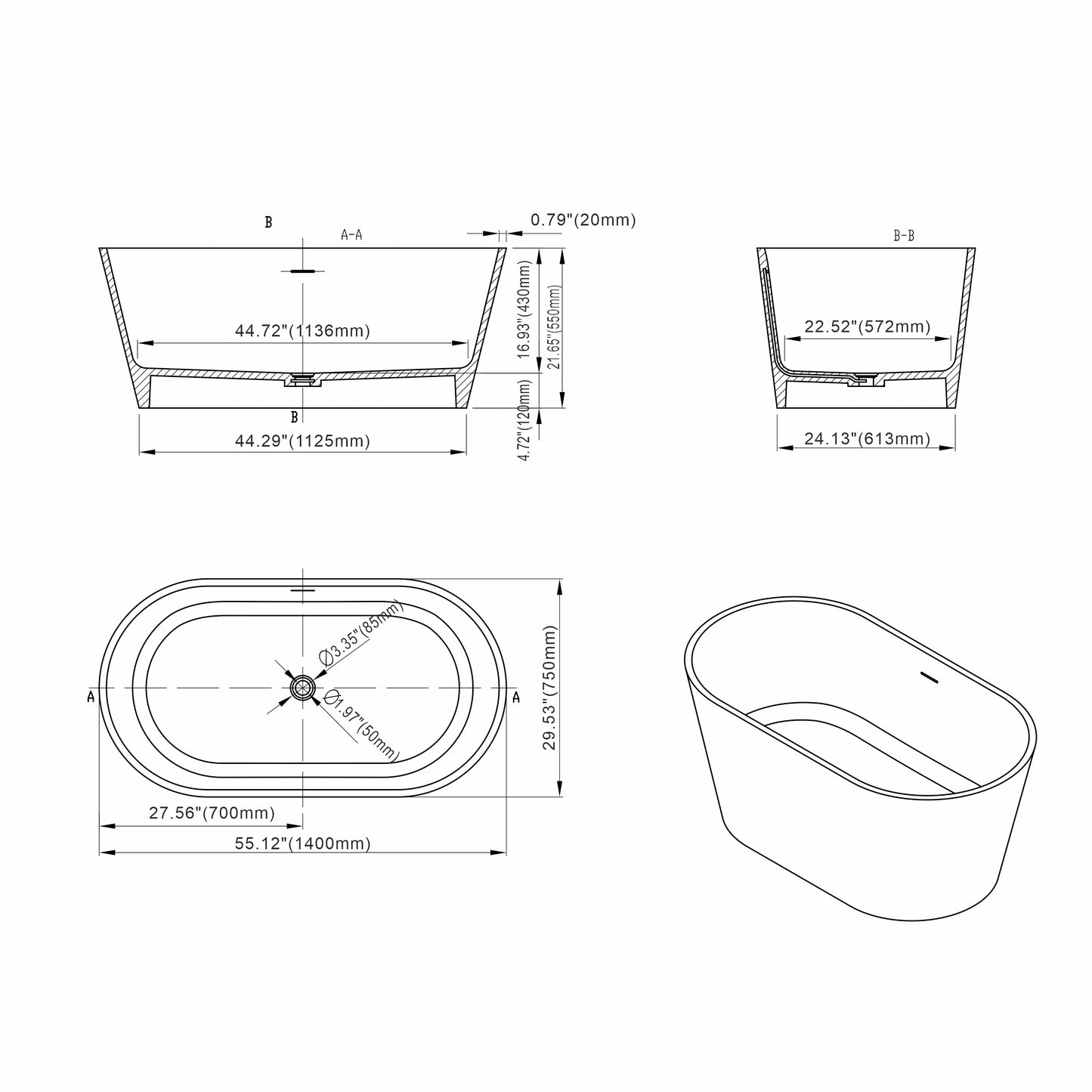 65 inch freestanding solid surface soaking bathtub for bathroom