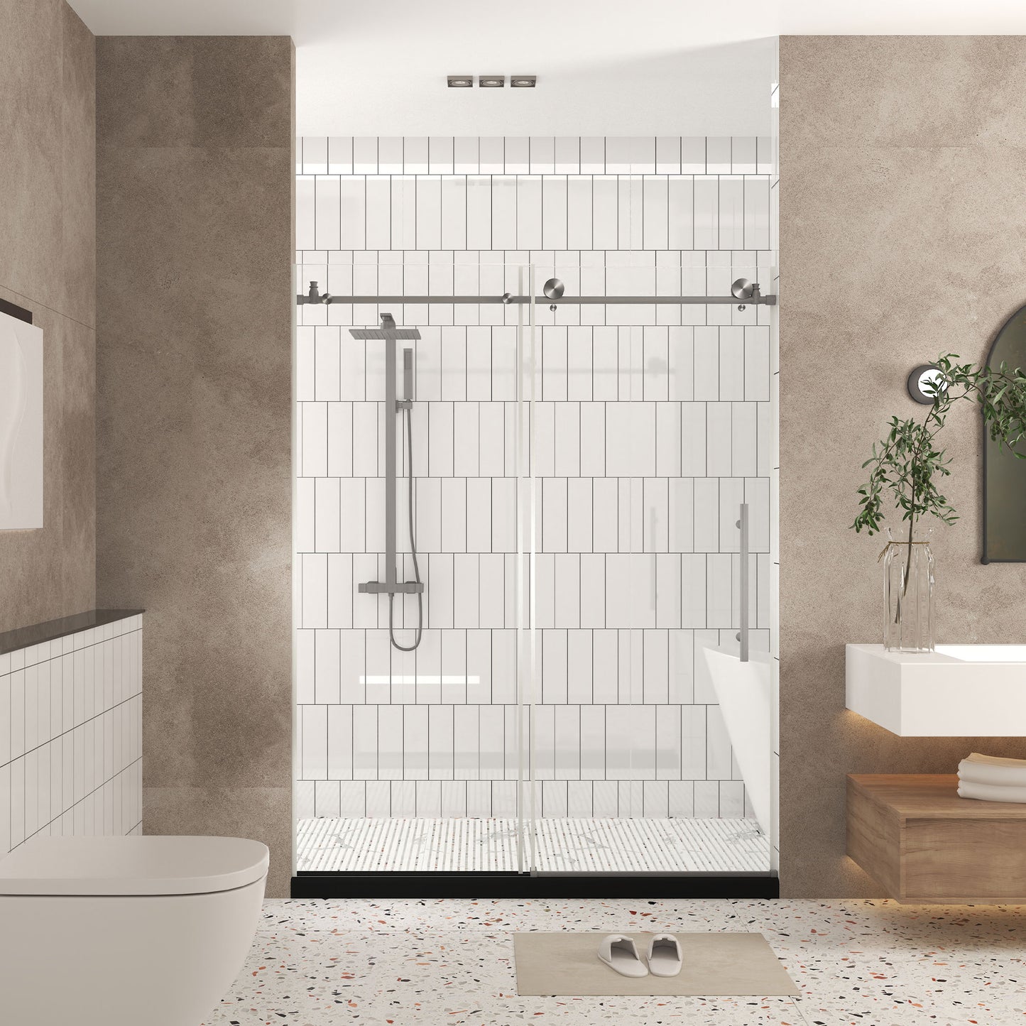 Brushed Nickel 56-in to 60-in W x 76-in H Frameless Clear Glass Bypass Sliding Shower door