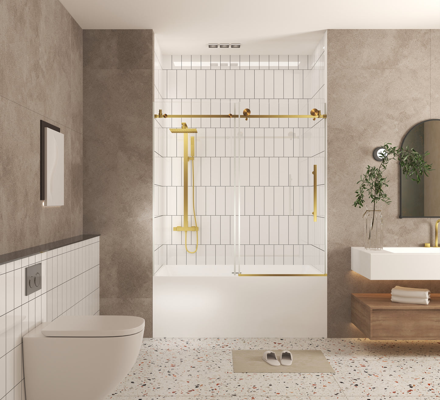 Brushed Gold 56-in to 60-in W x 60-in H Frameless Clear Glass Bypass Sliding Bathtub door