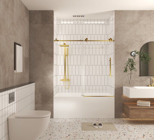 Brushed Gold 56-in to 60-in W x 60-in H Frameless Clear Glass Bypass Sliding Bathtub door