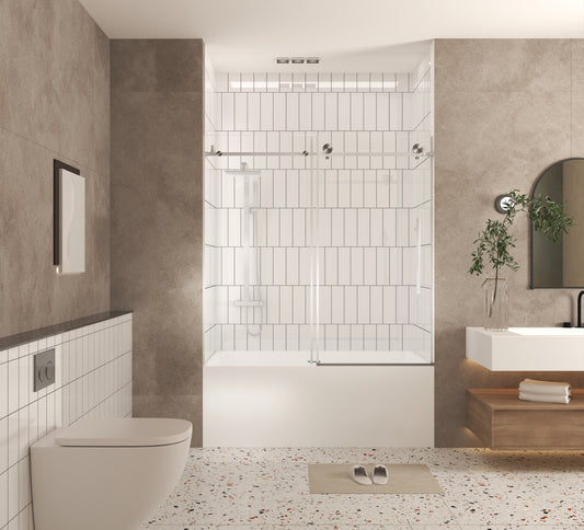 Brushed Nickel 56-in to 60-in W x 60-in H Frameless Clear Glass Bypass Sliding Bathtub door