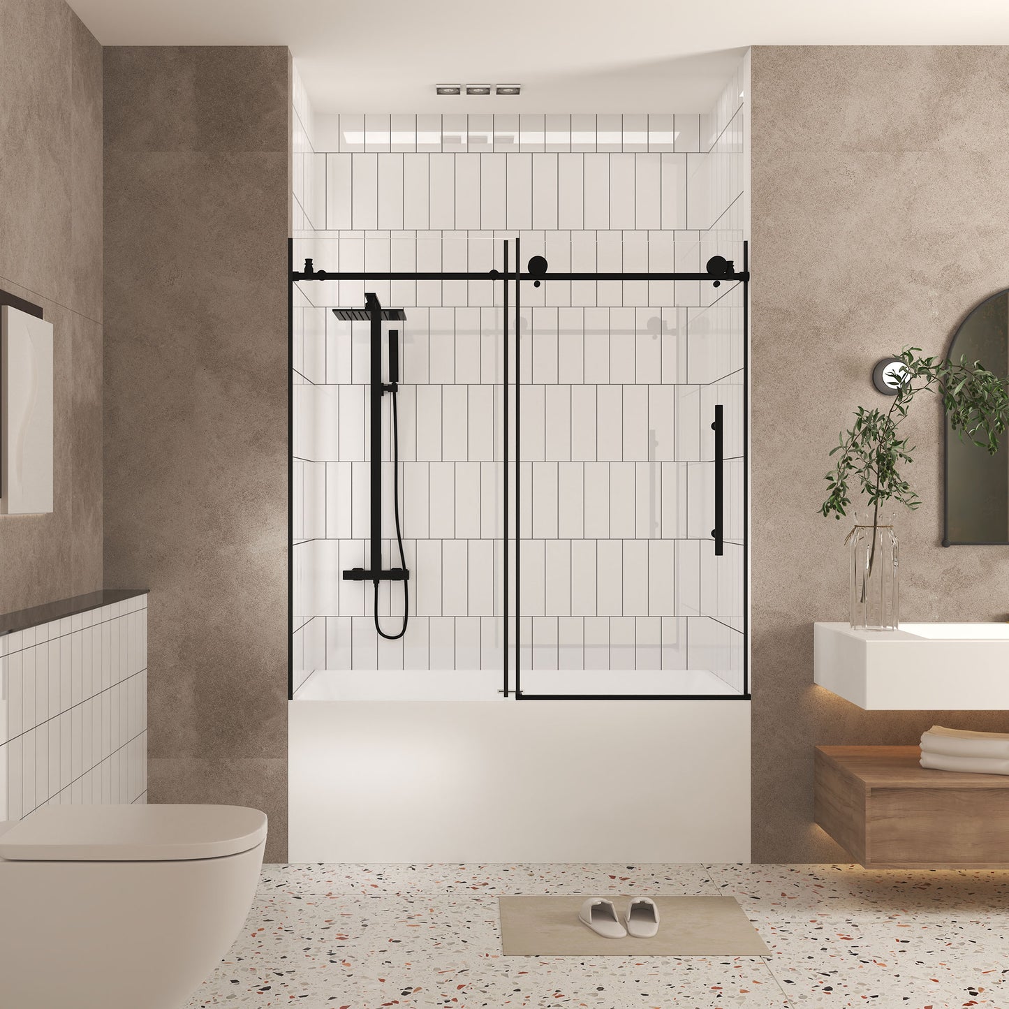 Matte Black 56-in to 60-in W x 60-in H Frameless Clear Glass Bypass Sliding Bathtub door