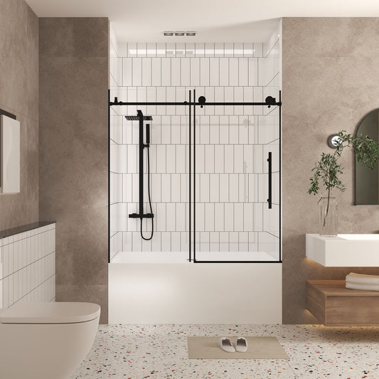 Matte Black 56-in to 60-in W x 60-in H Frameless Clear Glass Bypass Sliding Bathtub door