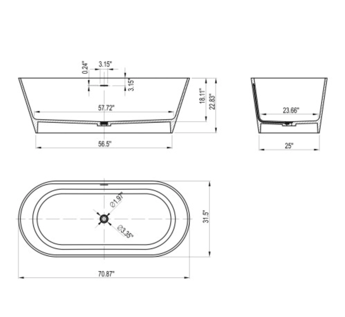 71 inch freestanding solid surface soaking bathtub for bathroom