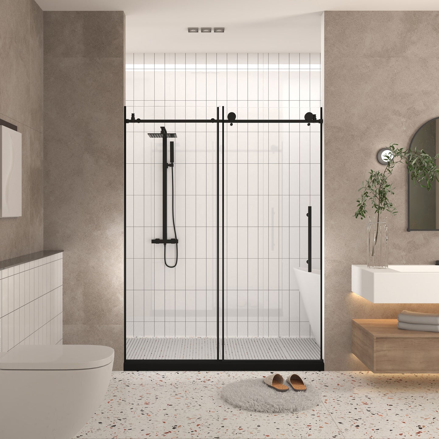 Matte Black 44-in to 48-in W x 76-in H Frameless Clear Glass Bypass Sliding Shower door