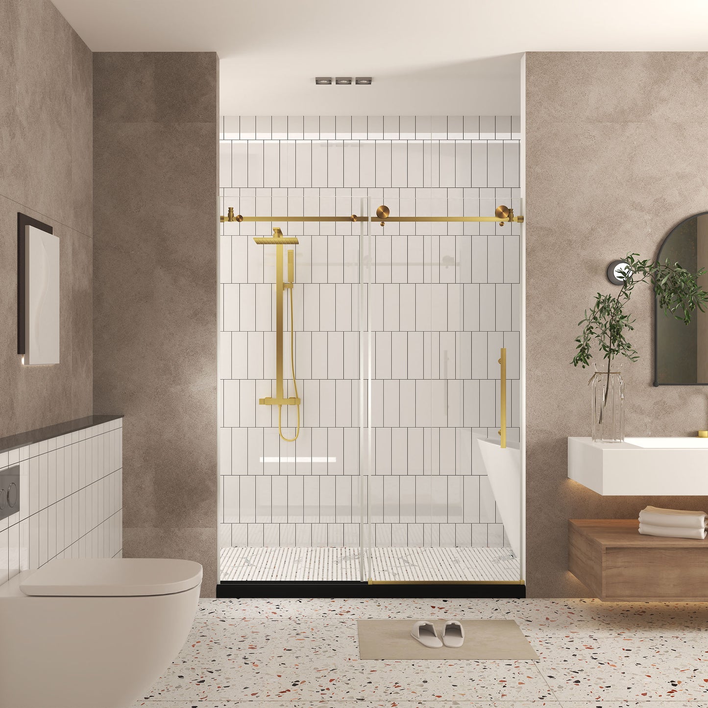 Brushed Gold 44-in to 48-in W x 76-in H Frameless Clear Glass Bypass Sliding Shower door