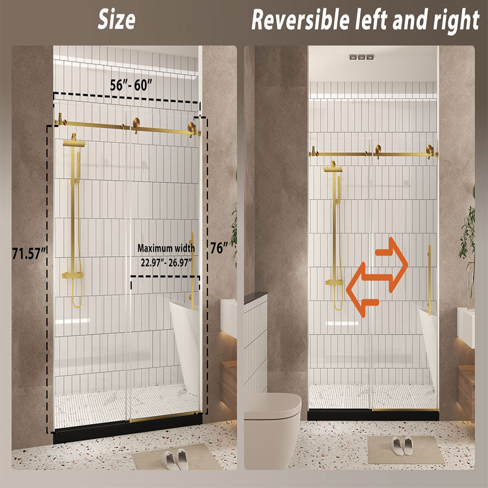 Brushed Gold 56-in to 60-in W x 76-in H Frameless Clear Glass Bypass Sliding Shower door