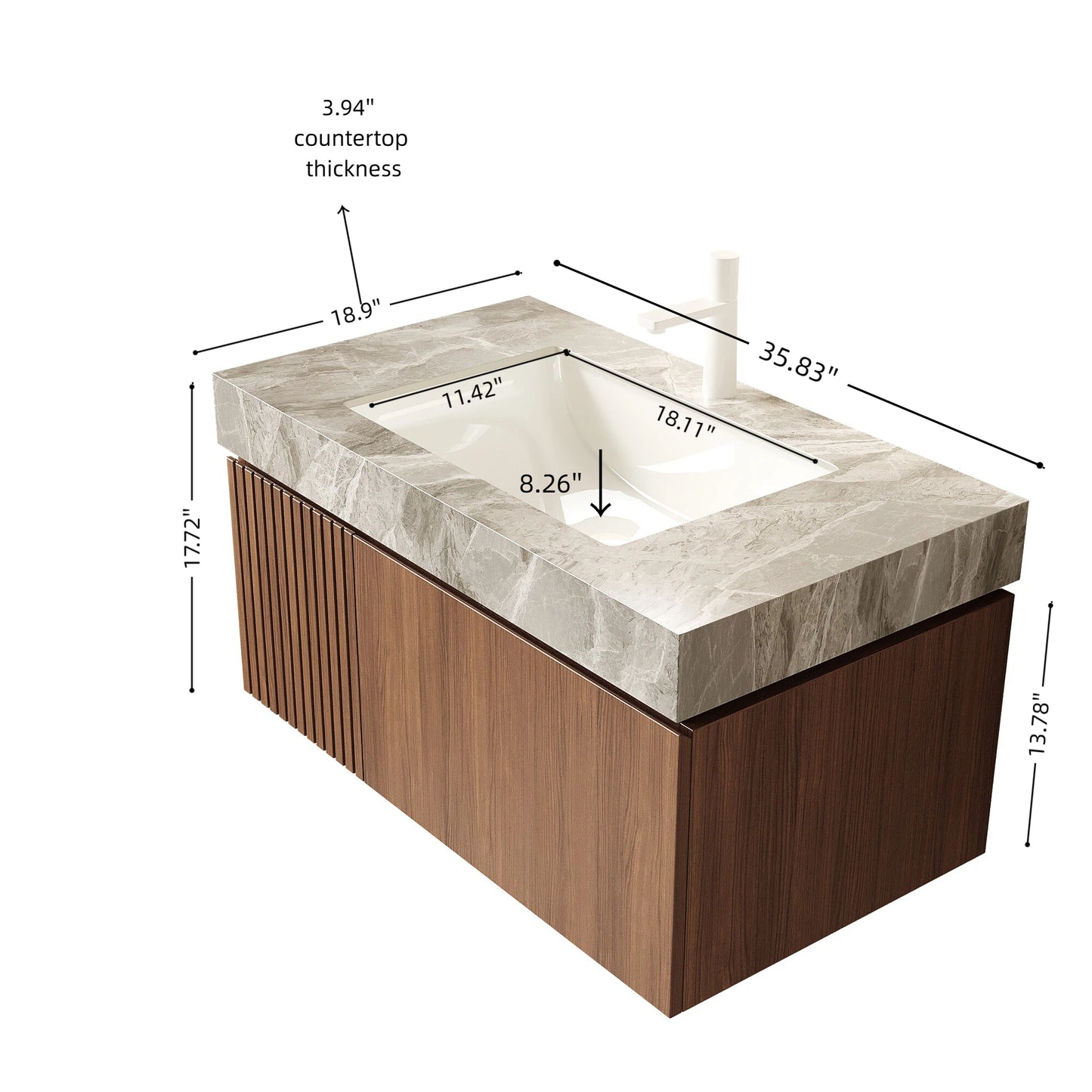 35.83 in. Single Sink Floating Brown Oak Bath Vanity with Light Gray Ceramic Top Assembled