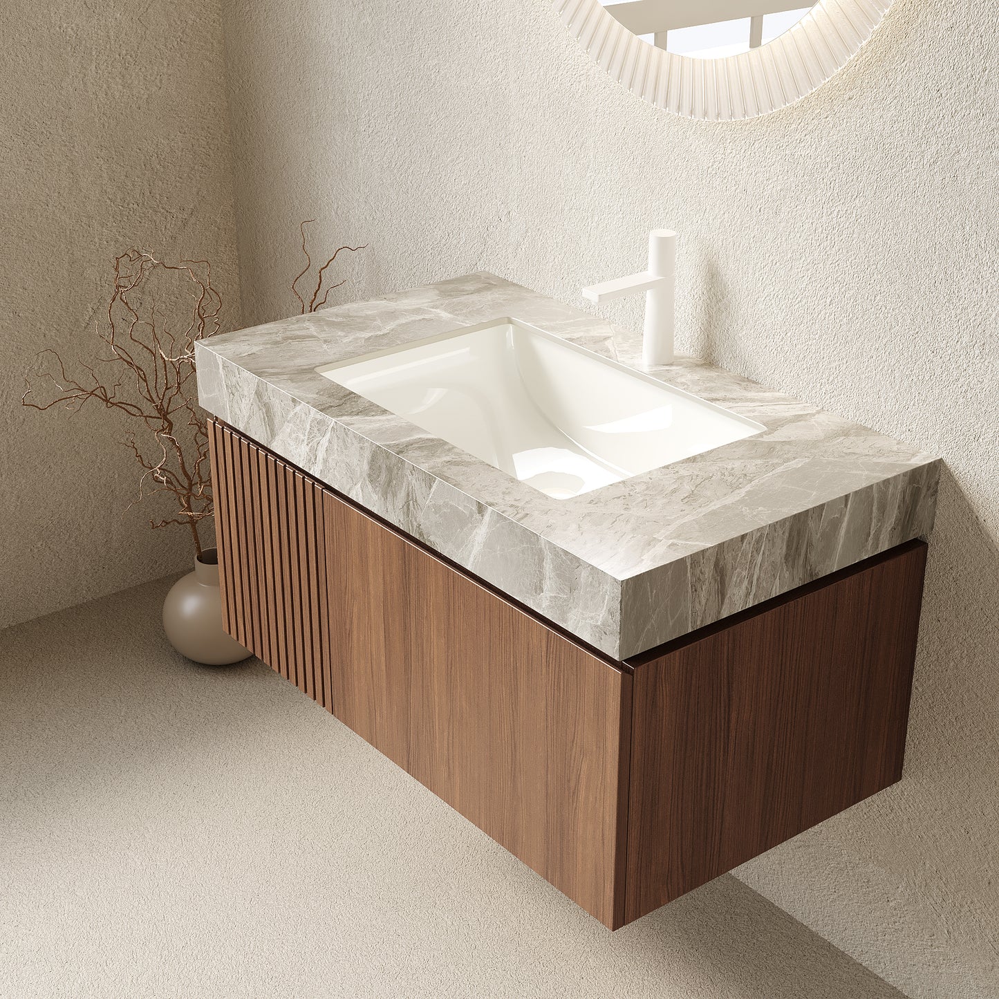 35.83 in. Single Sink Floating Brown Oak Bath Vanity with Light Gray Ceramic Top Assembled