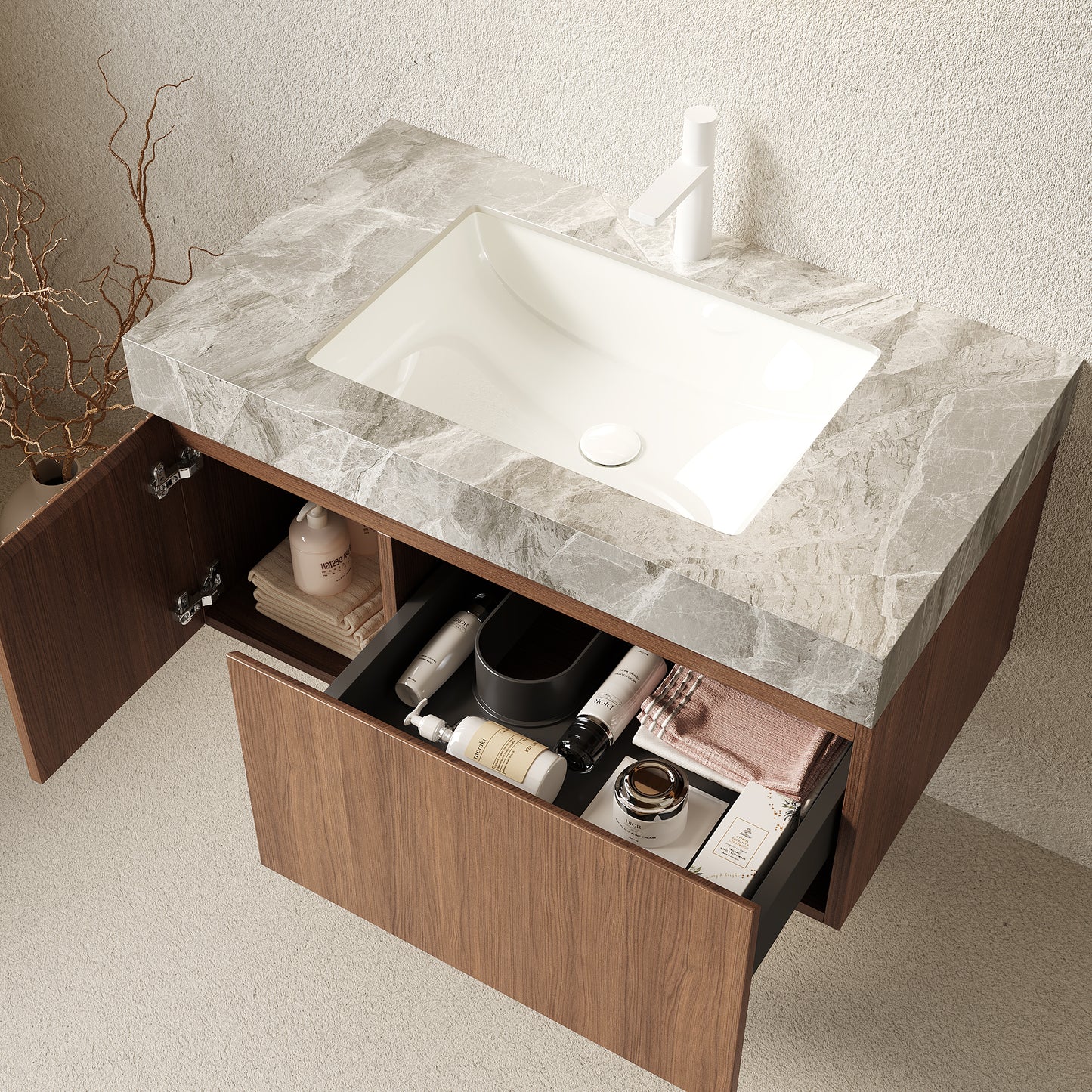 35.83 in. Single Sink Floating Brown Oak Bath Vanity with Light Gray Ceramic Top Assembled
