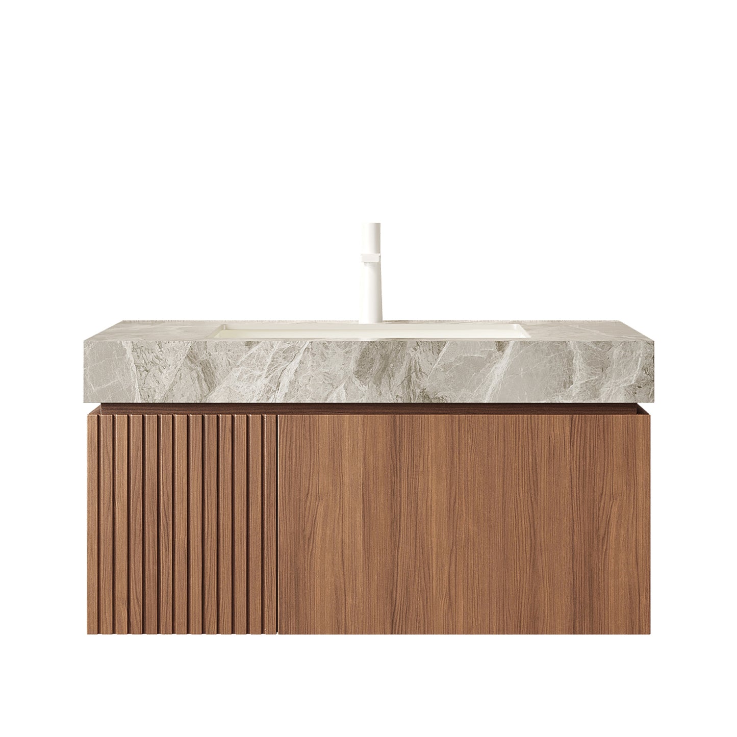 35.83 in. Single Sink Floating Brown Oak Bath Vanity with Light Gray Ceramic Top Assembled