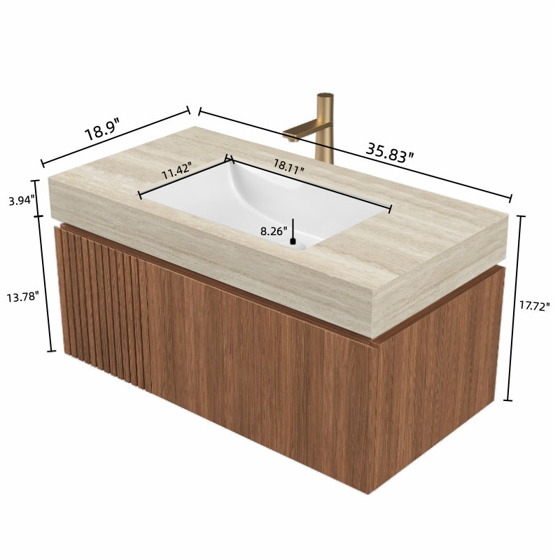 35.83 in. Single Sink Floating Brown Oak Bath Vanity with Almond Sintered Stone Top Roma Travertine Sintered Stone Sink Assembled