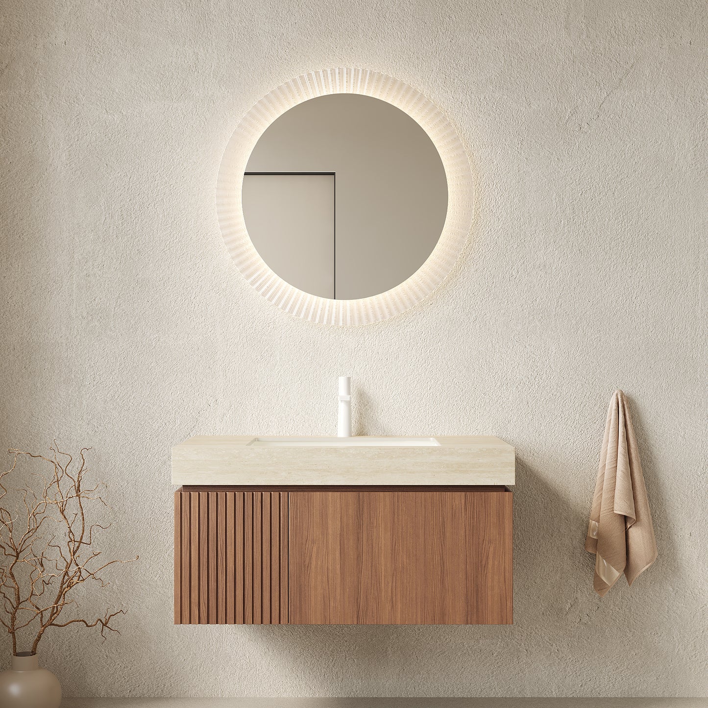 35.83 in. Single Sink Floating Brown Oak Bath Vanity with Almond Sintered Stone Top Roma Travertine Sintered Stone Sink Assembled
