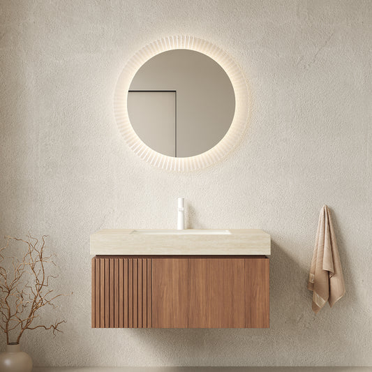 35.83 in. Single Sink Floating Brown Oak Bath Vanity with Almond Sintered Stone Top Roma Travertine Sintered Stone Sink Assembled