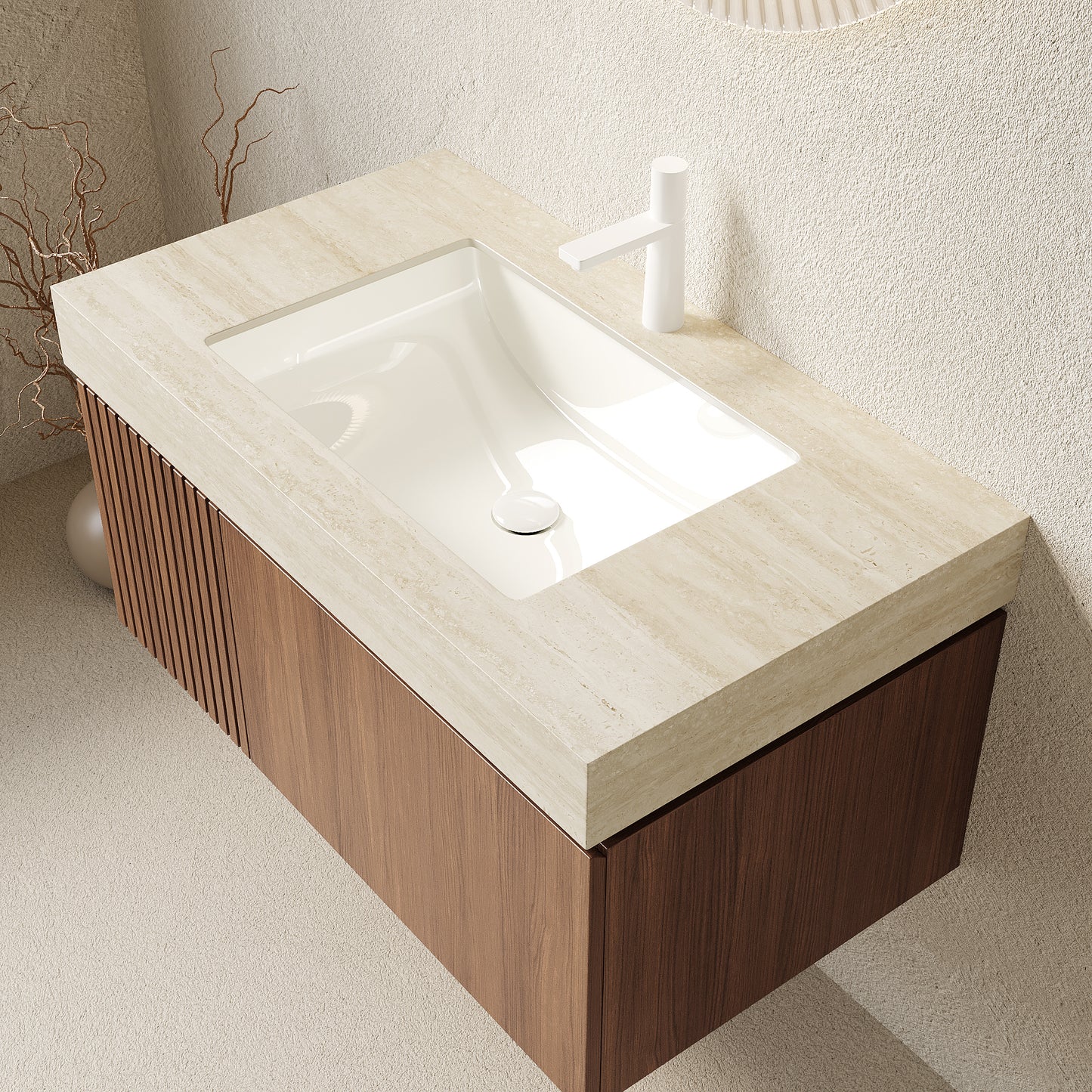 35.83 in. Single Sink Floating Brown Oak Bath Vanity with Almond Sintered Stone Top Roma Travertine Sintered Stone Sink Assembled