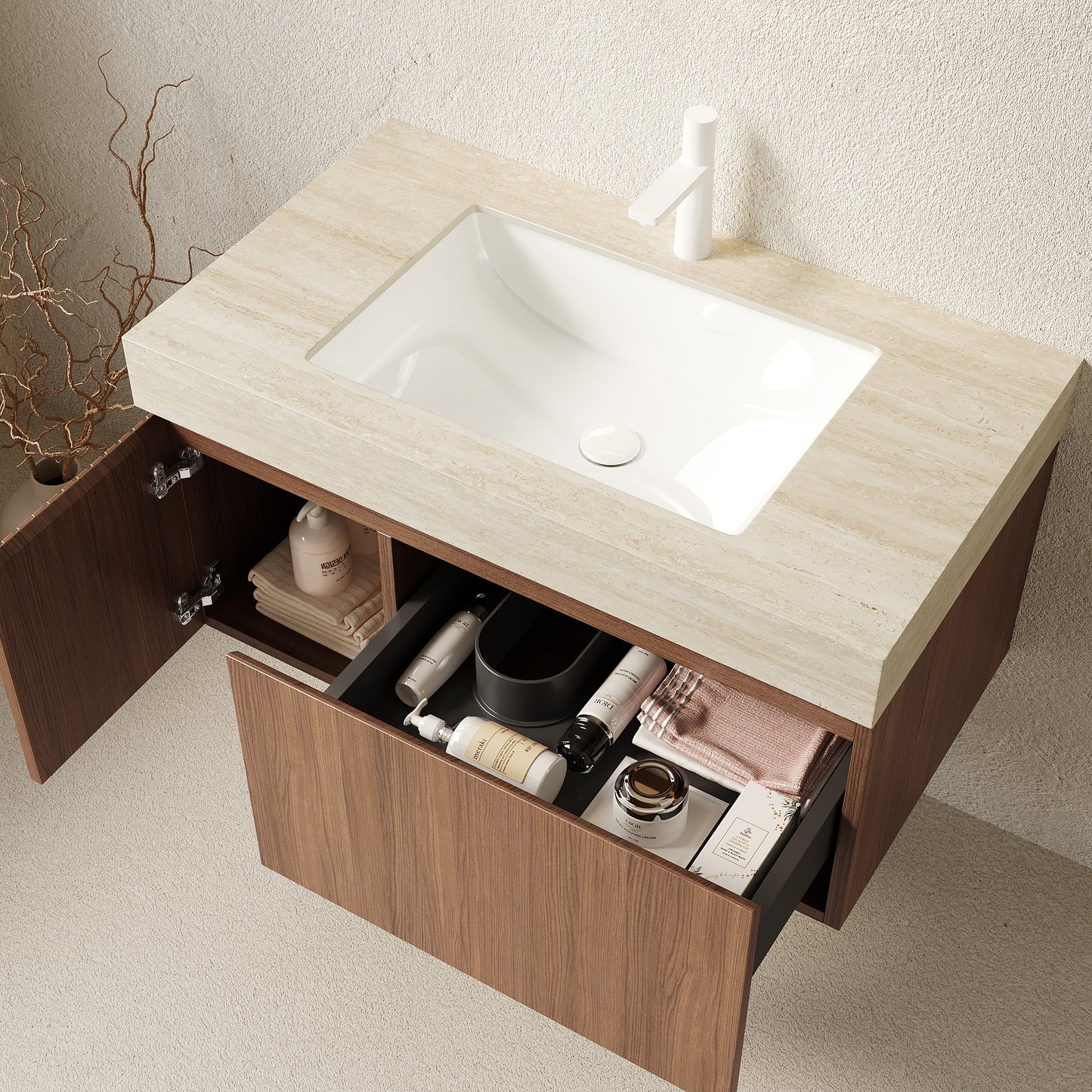 35.83 in. Single Sink Floating Brown Oak Bath Vanity with Almond Sintered Stone Top Roma Travertine Sintered Stone Sink Assembled