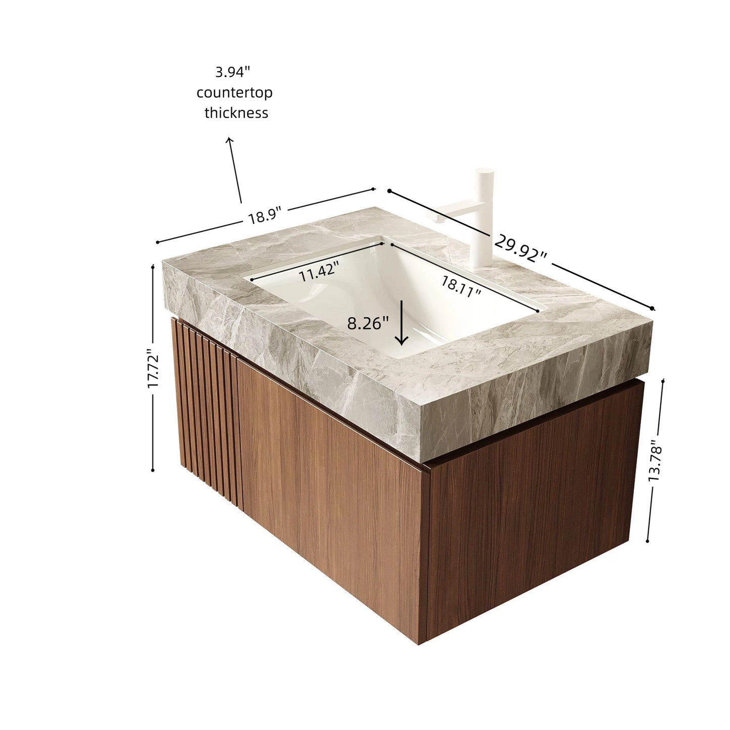 30 in. Single Sink Floating Brown Oak Bath Vanity with Grey Sintered Stone Top Light Gray Ceramic Sink Assembled