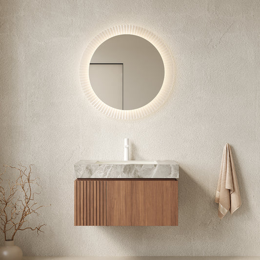 30 in. Single Sink Floating Brown Oak Bath Vanity with Grey Sintered Stone Top Light Gray Ceramic Sink Assembled