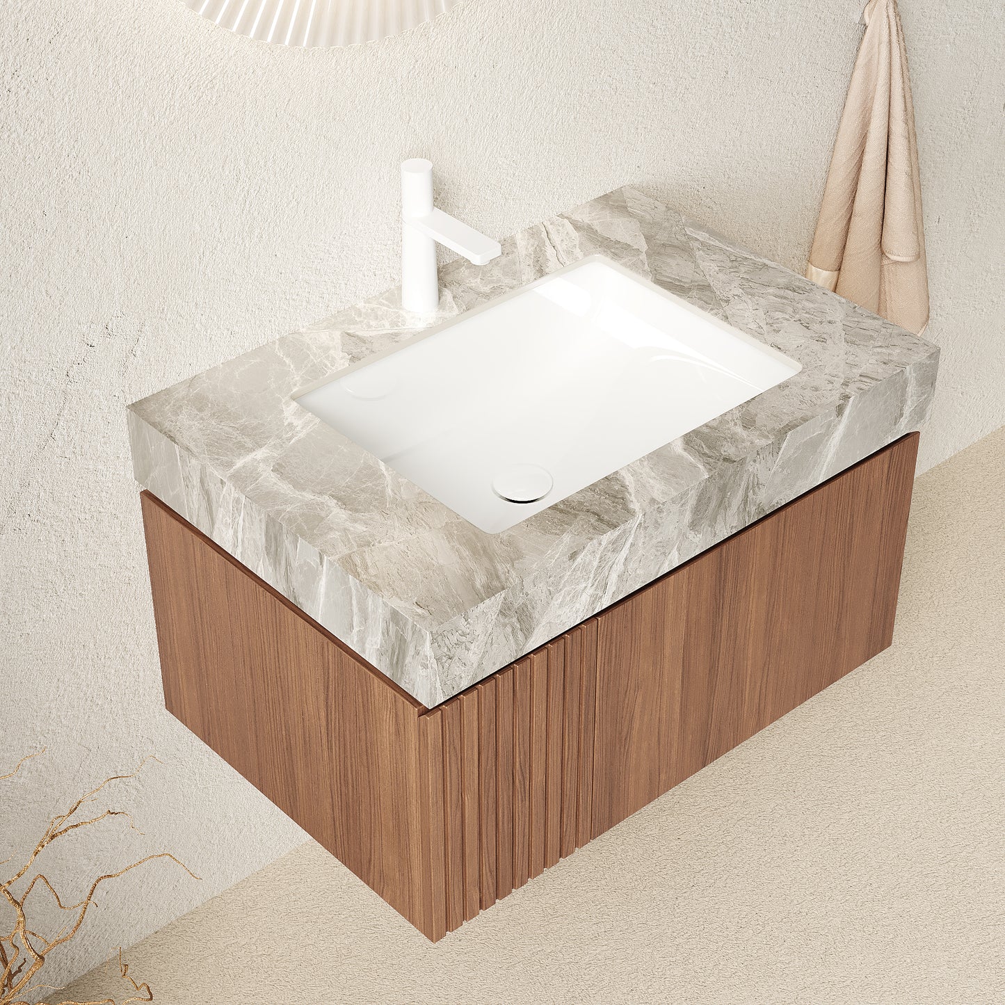 30 in. Single Sink Floating Brown Oak Bath Vanity with Grey Sintered Stone Top Light Gray Ceramic Sink Assembled