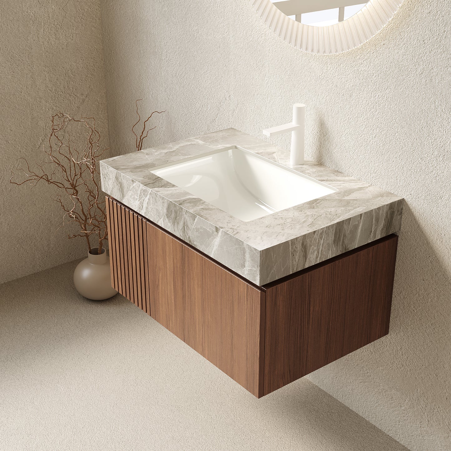 30 in. Single Sink Floating Brown Oak Bath Vanity with Grey Sintered Stone Top Light Gray Ceramic Sink Assembled