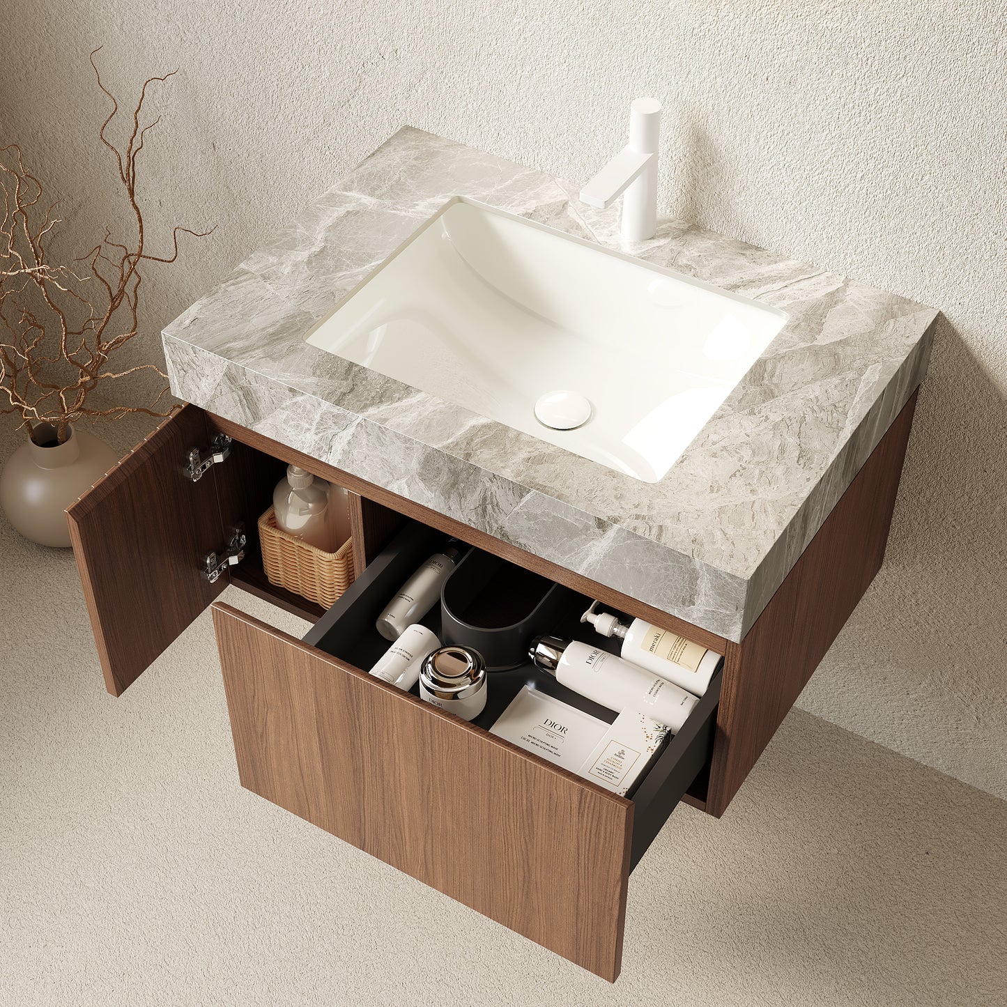 30 in. Single Sink Floating Brown Oak Bath Vanity with Grey Sintered Stone Top Light Gray Ceramic Sink Assembled