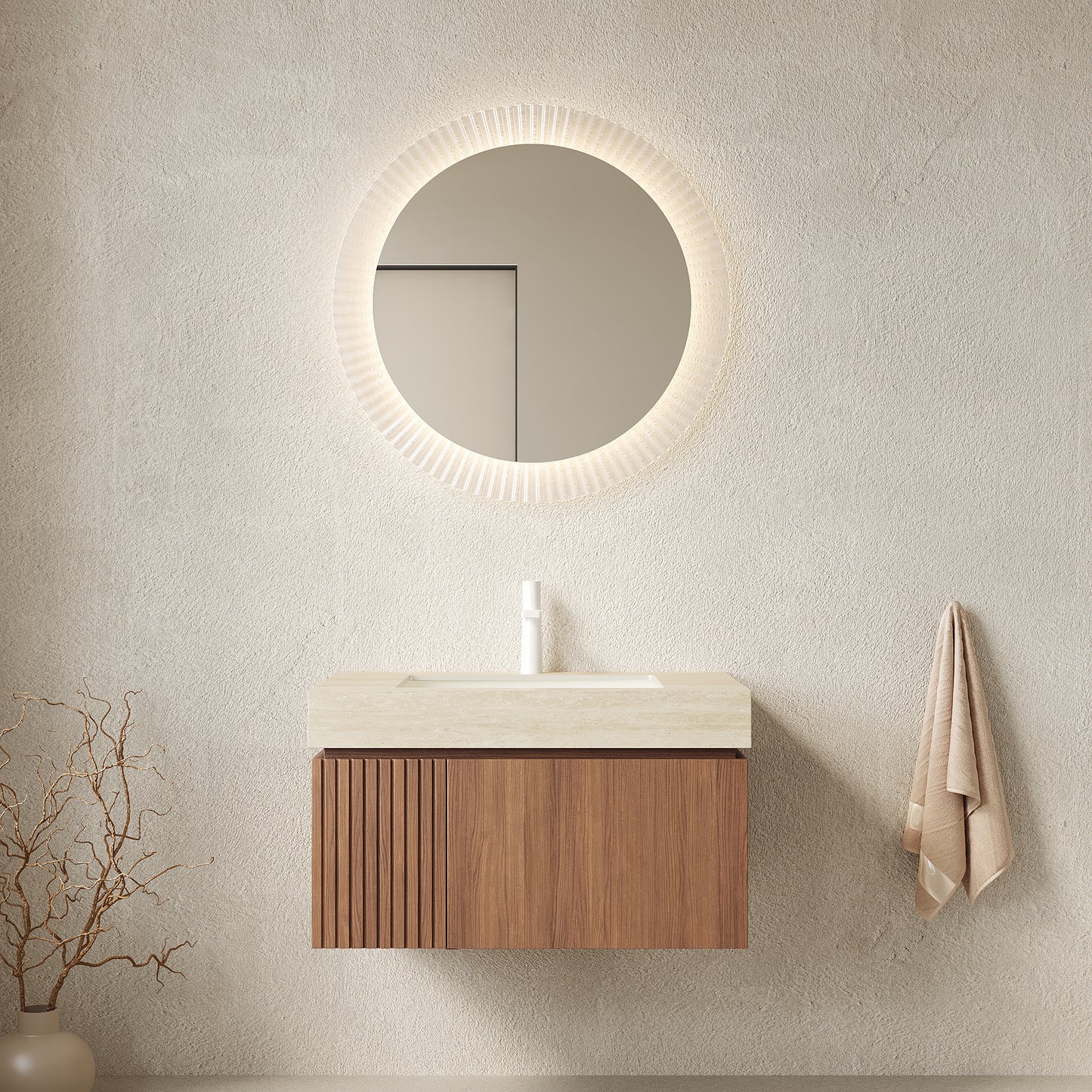 30 in. Single Sink Floating Brown Oak Bath Vanity with Almond Bone Sintered Stone Top Roma Travertine Sintered Stone Sink Assembled