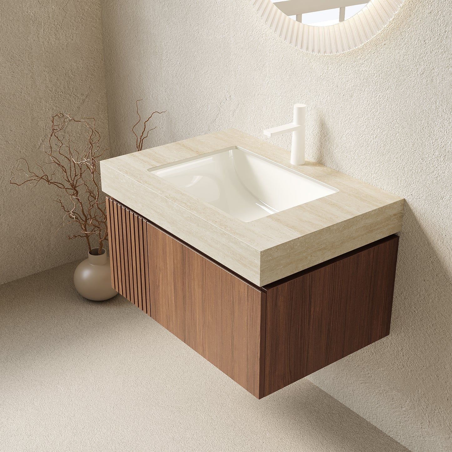 30 in. Single Sink Floating Brown Oak Bath Vanity with Almond Bone Sintered Stone Top Roma Travertine Sintered Stone Sink Assembled