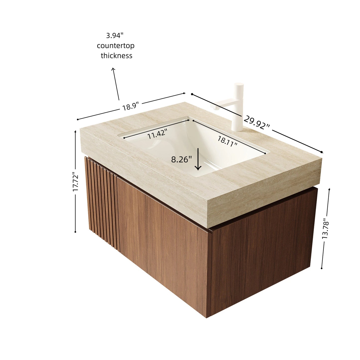30 in. Single Sink Floating Brown Oak Bath Vanity with Almond Bone Sintered Stone Top Roma Travertine Sintered Stone Sink Assembled