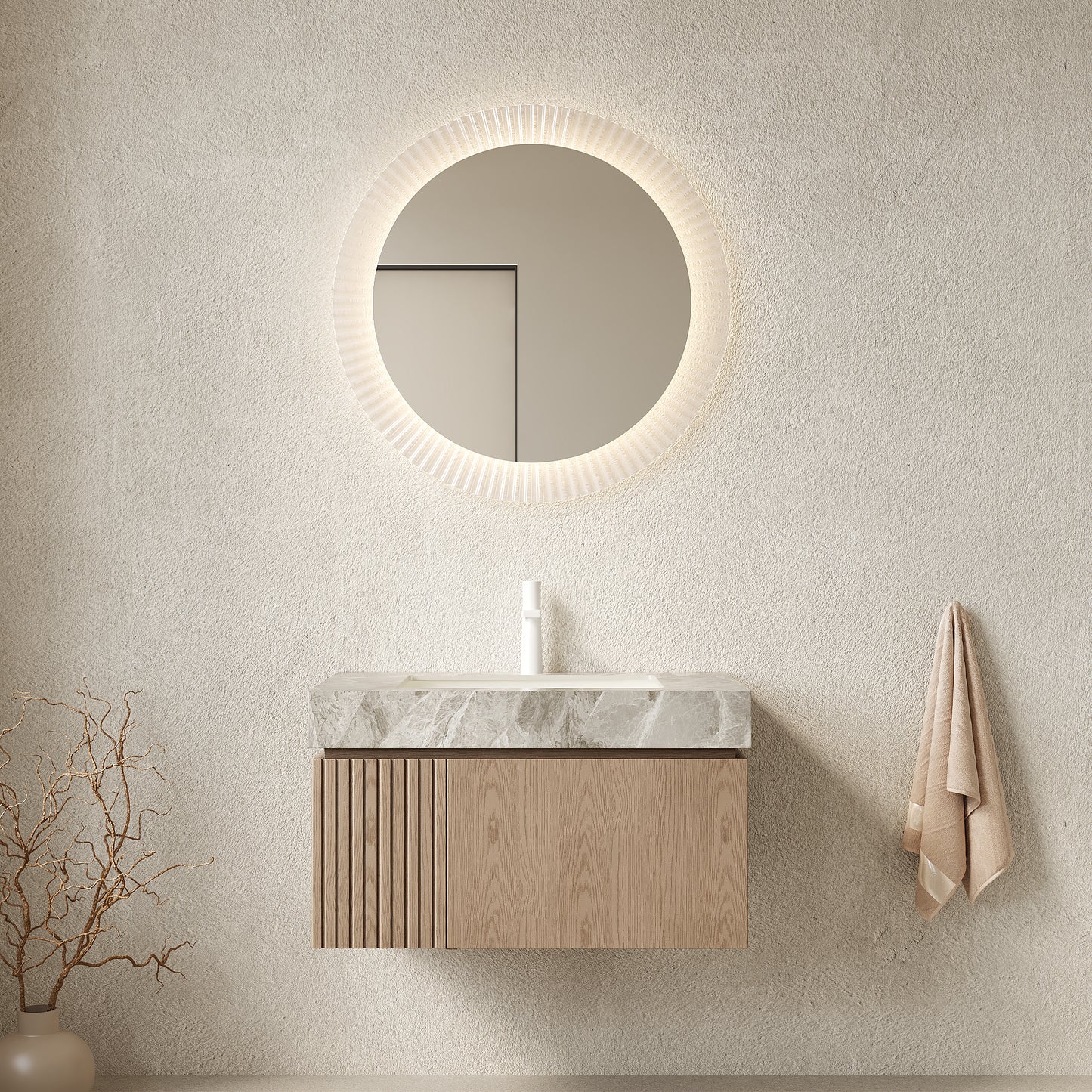 29.92 in. Single Sink Floating Light Brown Bath Vanity with Italy Light Gray Sintered Stone Top