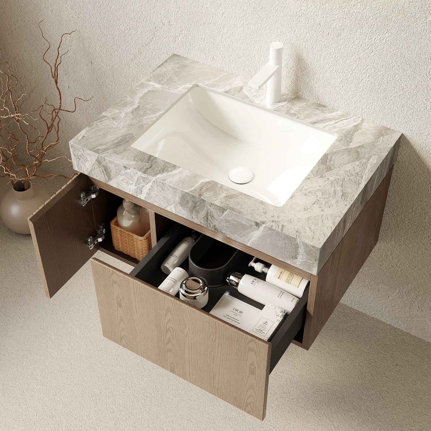 29.92 in. Single Sink Floating Light Brown Bath Vanity with Italy Light Gray Sintered Stone Top
