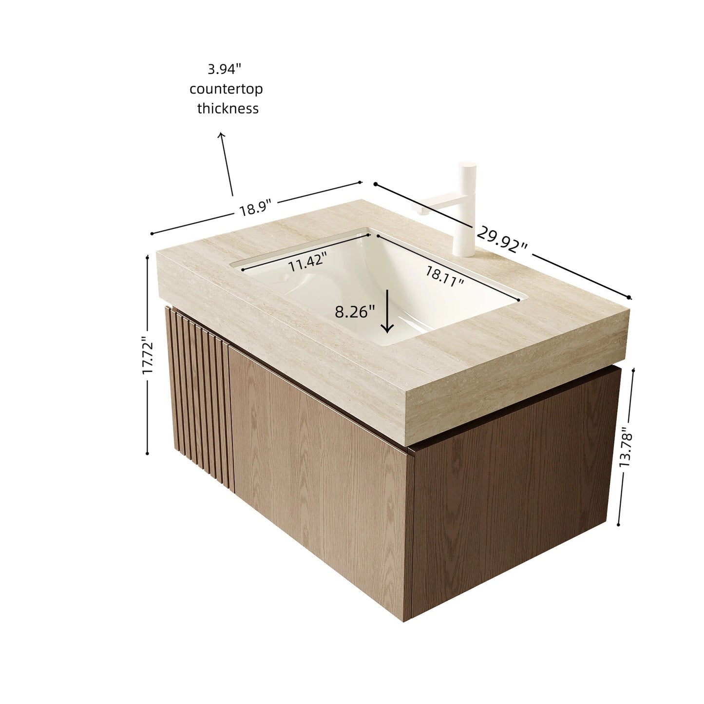 29.92 in. Single Sink Floating Light Brown Bath Vanity with Roma Travertine Sintered Stone Top