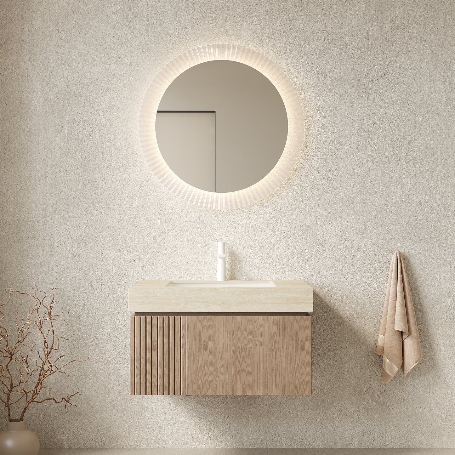 29.92 in. Single Sink Floating Light Brown Bath Vanity with Roma Travertine Sintered Stone Top