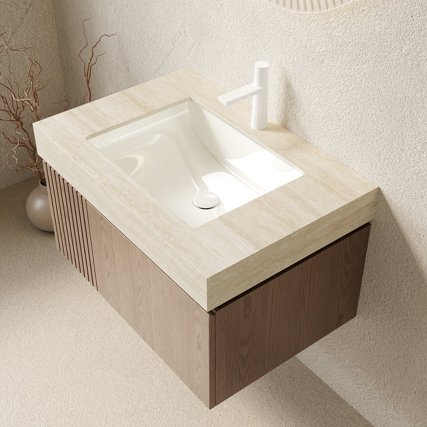 29.92 in. Single Sink Floating Light Brown Bath Vanity with Roma Travertine Sintered Stone Top