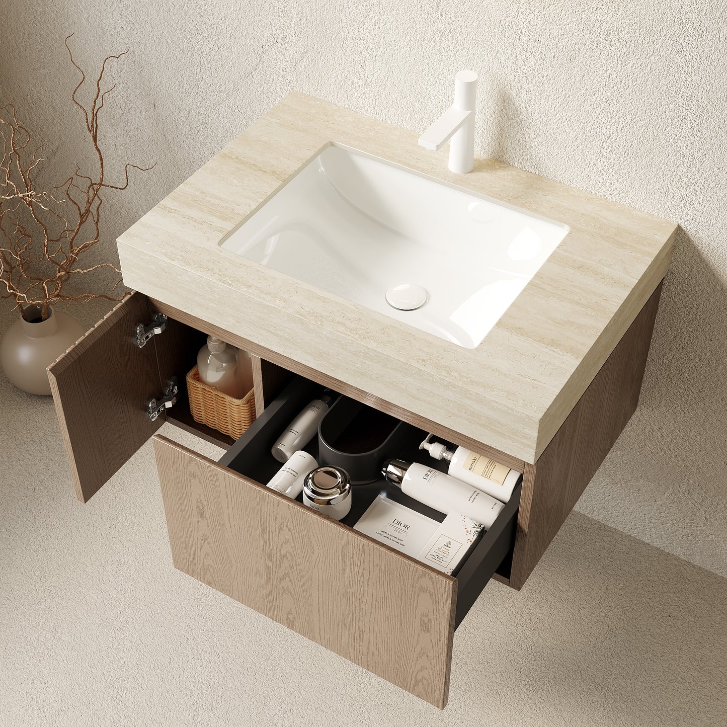 29.92 in. Single Sink Floating Light Brown Bath Vanity with Roma Travertine Sintered Stone Top