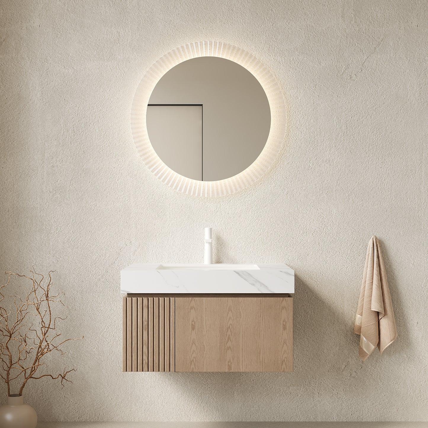 29.92 in. Single Sink Floating Light Brown Bath Vanity with Carrara White Sintered Stone Top