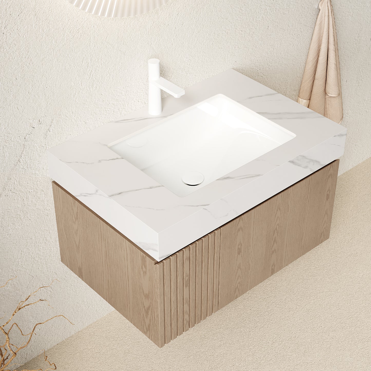 29.92 in. Single Sink Floating Light Brown Bath Vanity with Carrara White Sintered Stone Top