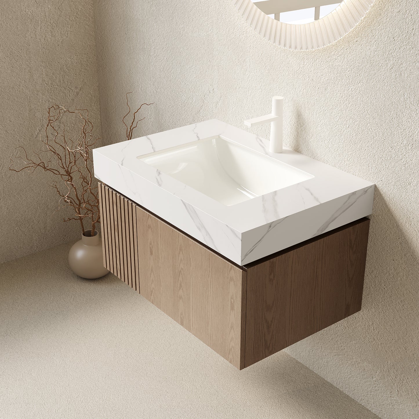 29.92 in. Single Sink Floating Light Brown Bath Vanity with Carrara White Sintered Stone Top