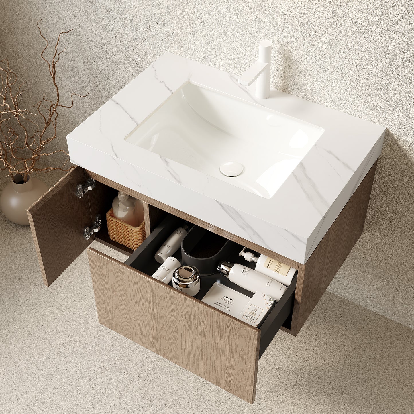 29.92 in. Single Sink Floating Light Brown Bath Vanity with Carrara White Sintered Stone Top
