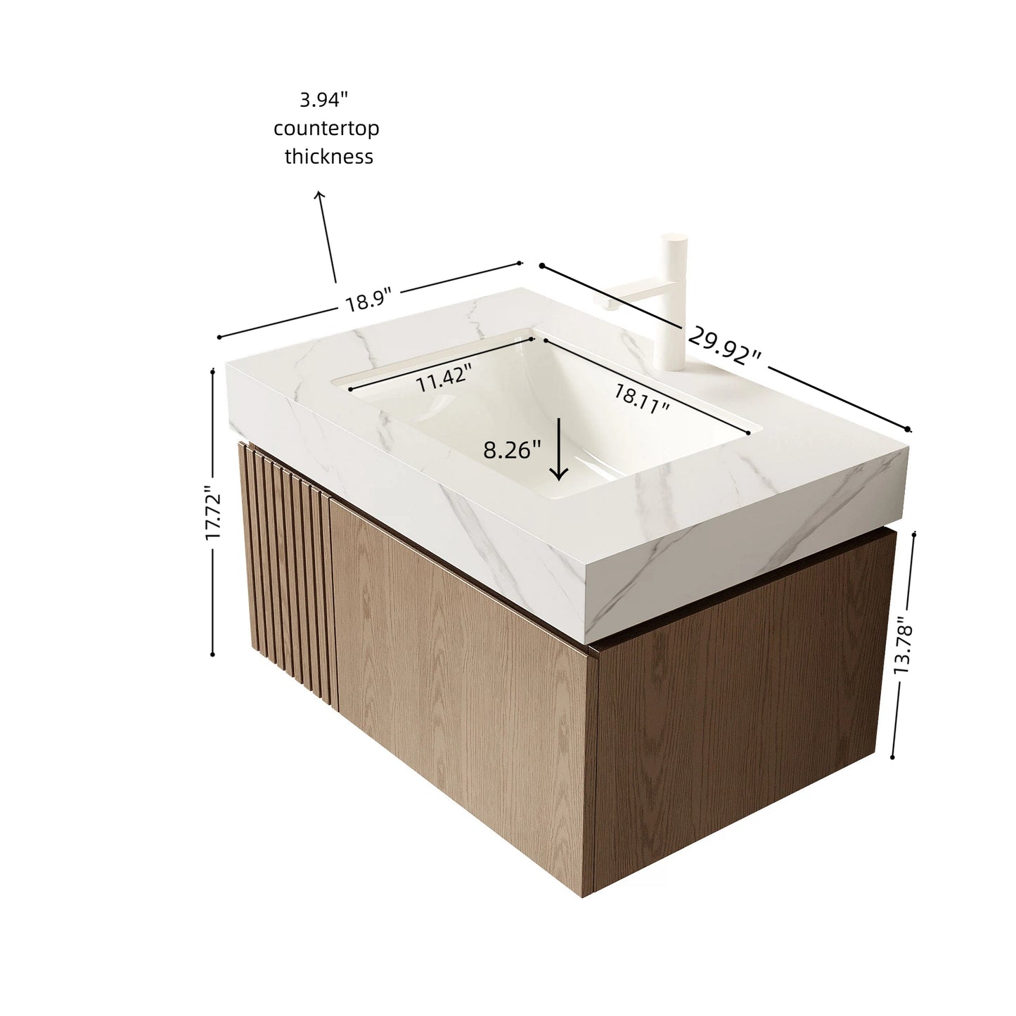 29.92 in. Single Sink Floating Light Brown Bath Vanity with Carrara White Sintered Stone Top