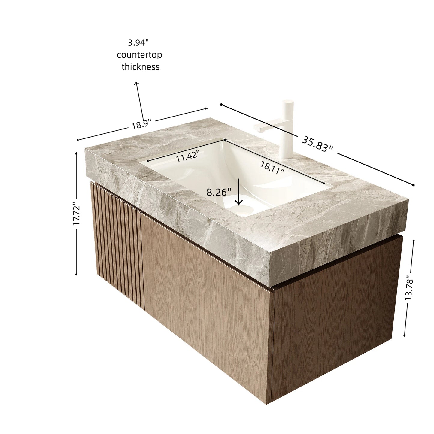 35.83 in. Single Sink Floating Light Brown Bath Vanity with Italy Light Gray Sintered Stone Top