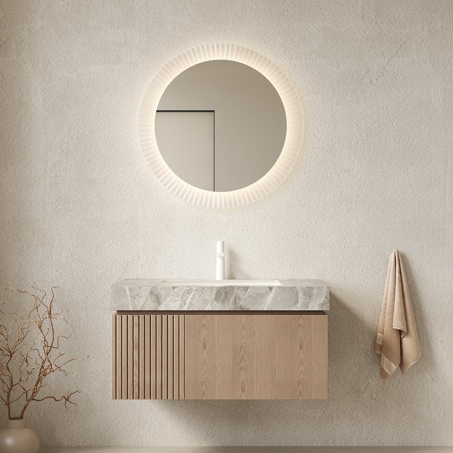 35.83 in. Single Sink Floating Light Brown Bath Vanity with Italy Light Gray Sintered Stone Top