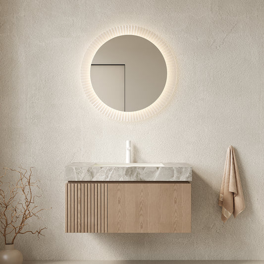 35.83 in. Single Sink Floating Light Brown Bath Vanity with Italy Light Gray Sintered Stone Top