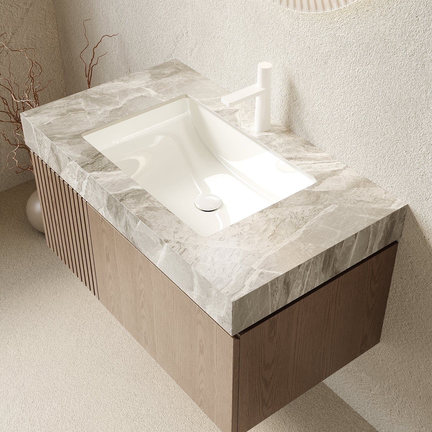 35.83 in. Single Sink Floating Light Brown Bath Vanity with Italy Light Gray Sintered Stone Top
