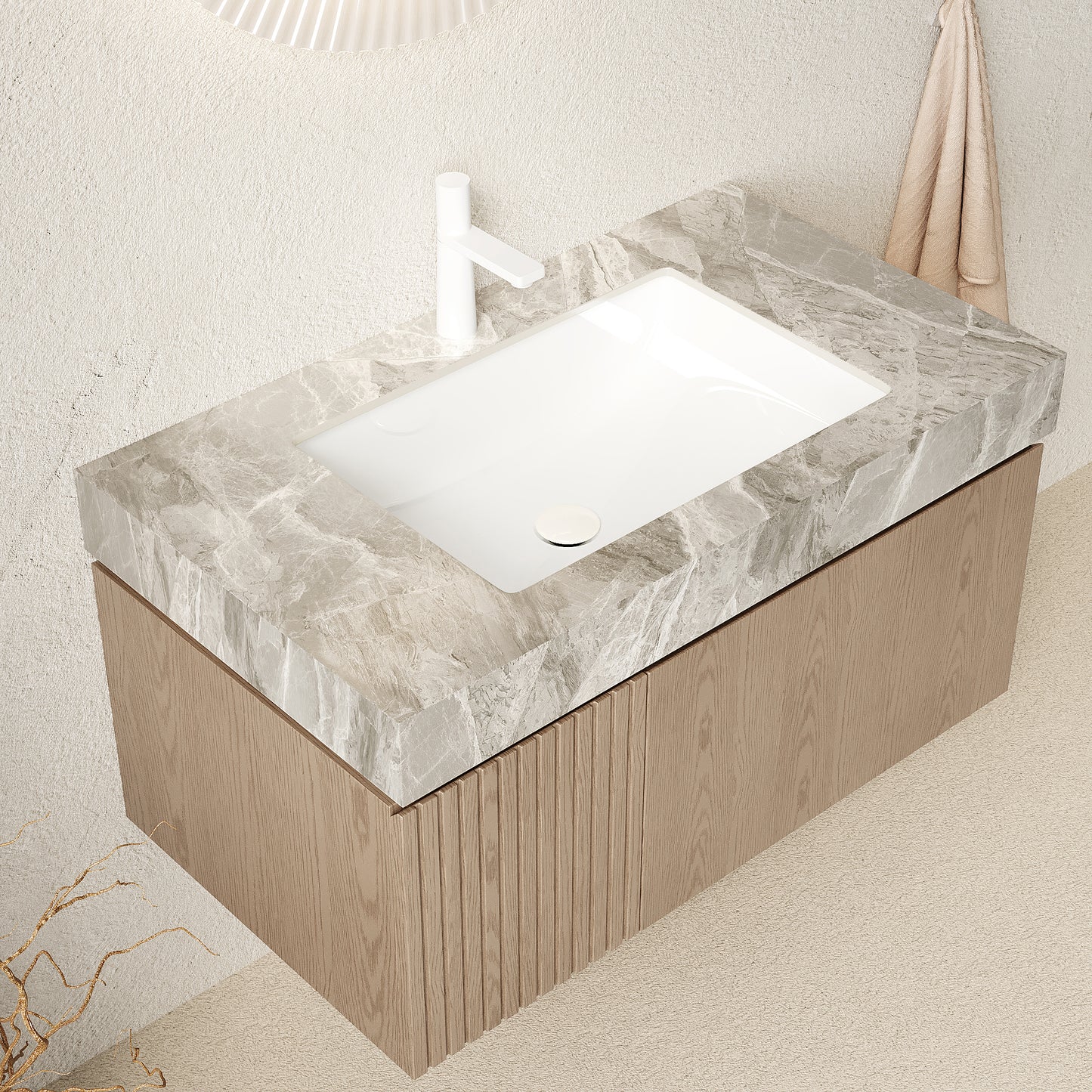 35.83 in. Single Sink Floating Light Brown Bath Vanity with Italy Light Gray Sintered Stone Top