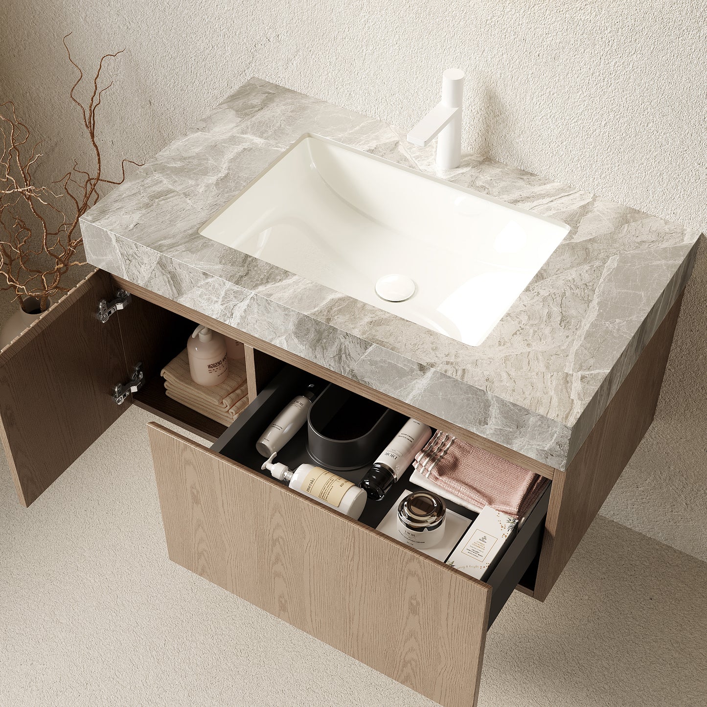 35.83 in. Single Sink Floating Light Brown Bath Vanity with Italy Light Gray Sintered Stone Top
