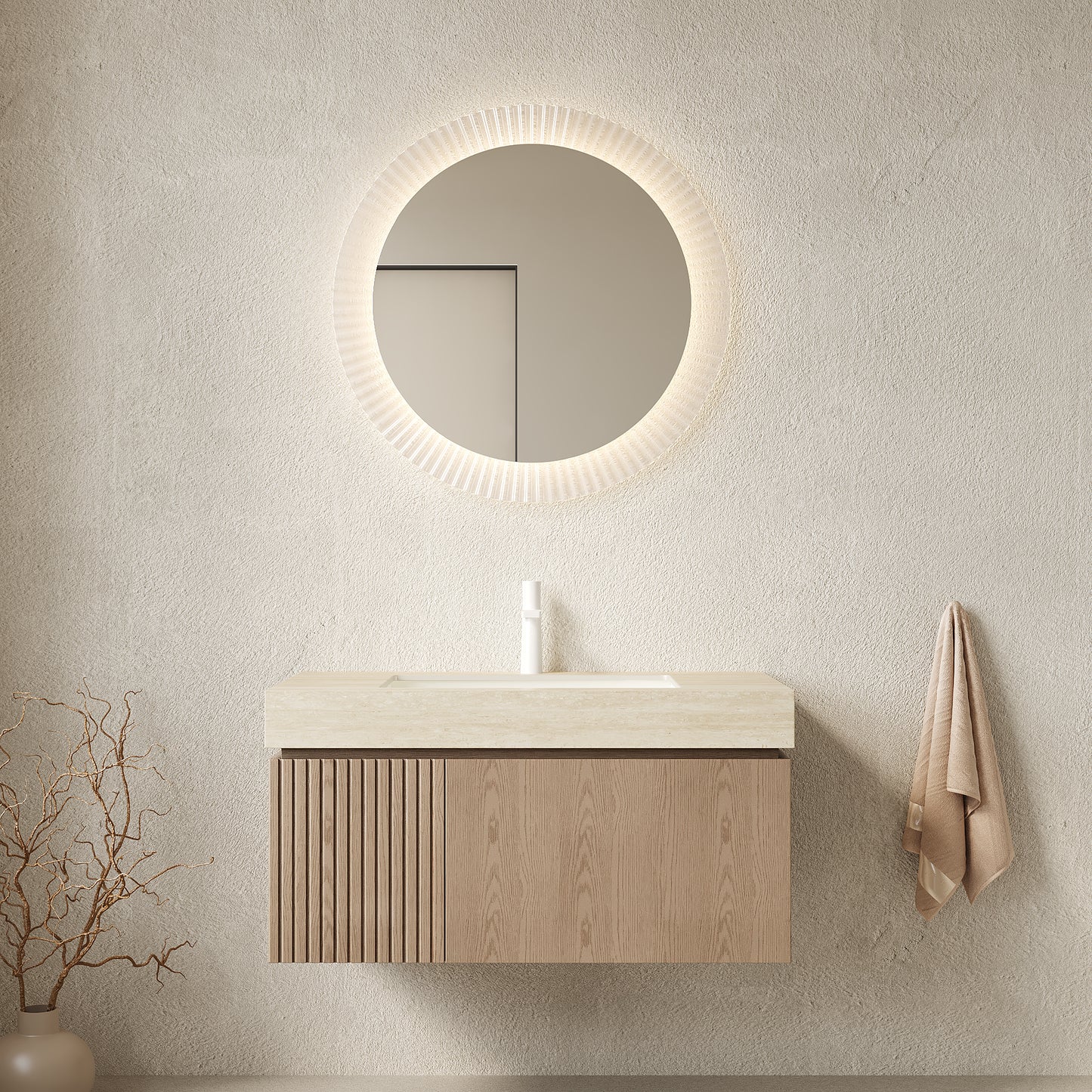 35.83 in. Single Sink Floating Light Brown Bath Vanity with Roma Travertine  Sintered Stone Top