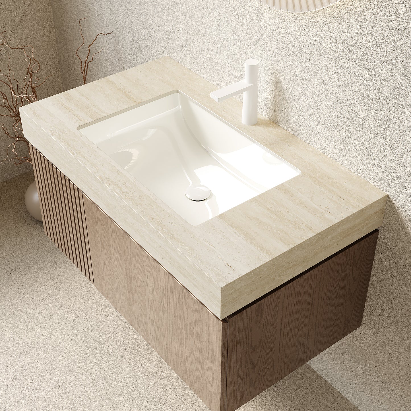 35.83 in. Single Sink Floating Light Brown Bath Vanity with Roma Travertine  Sintered Stone Top