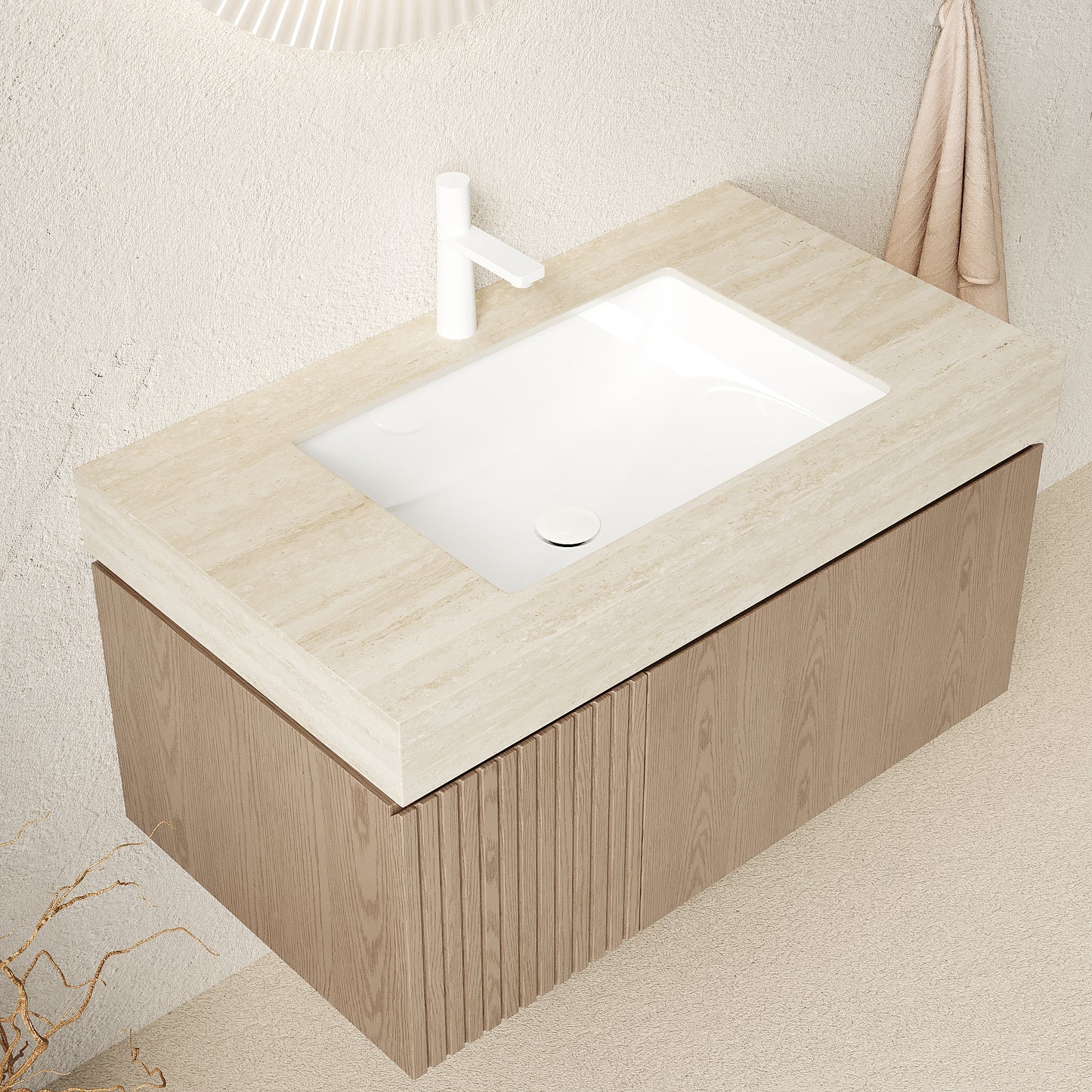 35.83 in. Single Sink Floating Light Brown Bath Vanity with Roma Travertine  Sintered Stone Top